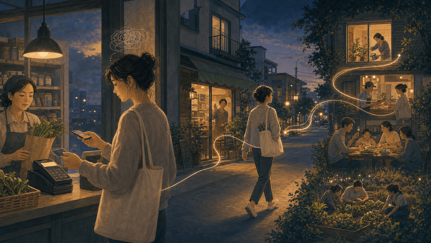 동네 가게 계산대에서 시작한 빛의 흐름이 거리와 집, 식사와 정원으로 이어지는 일러스트
