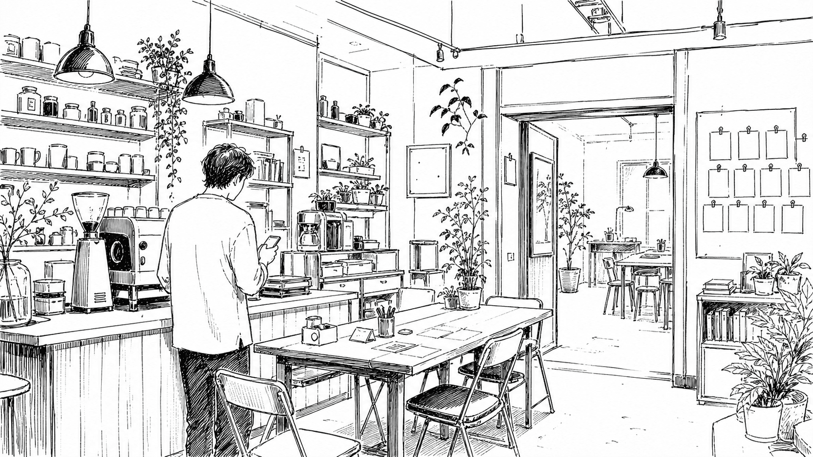 작은 카페 겸 작업공간 안에서 한 사람이 휴대폰을 보고 있고 벽에는 빈 카드들이 걸려 있는 흑백 라인 스케치