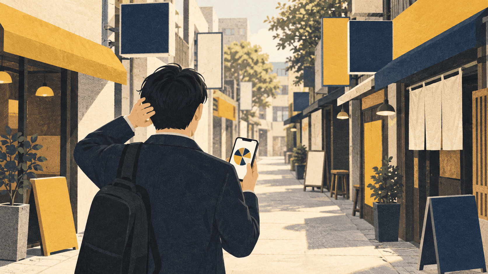 점심시간 식당 골목 입구에서 남성이 휴대폰의 둥근 룰렛 화면을 보며 선택을 망설이는 편집 일러스트레이션