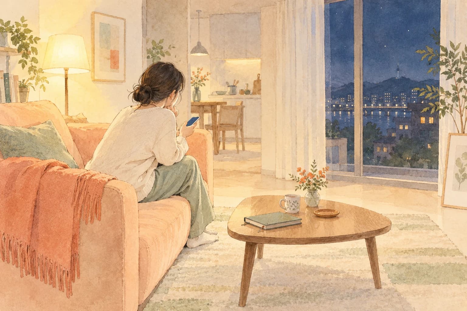따뜻한 불빛이 켜진 새벽 거실에서 휴대전화를 들고 잠시 생각에 잠긴 사람을 그린 살구색과 민트빛 수채화